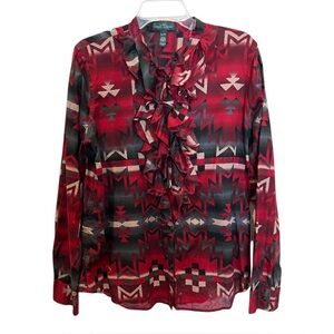 Lauren Ralph Lauren red southwestern ruffle cotton button up blouse size XL